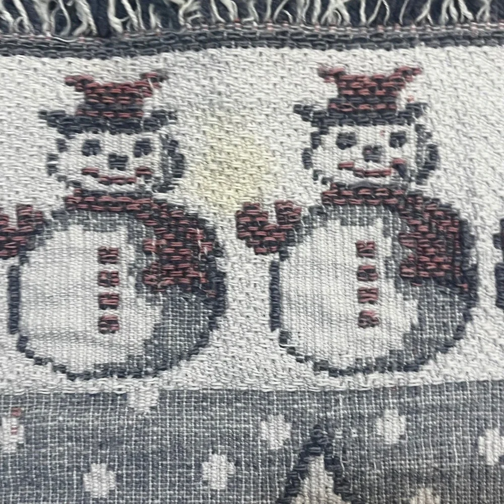 Vintage‎ Snowman Christmas Tree Woven Tapestry Table Runner Fringed Blue 61